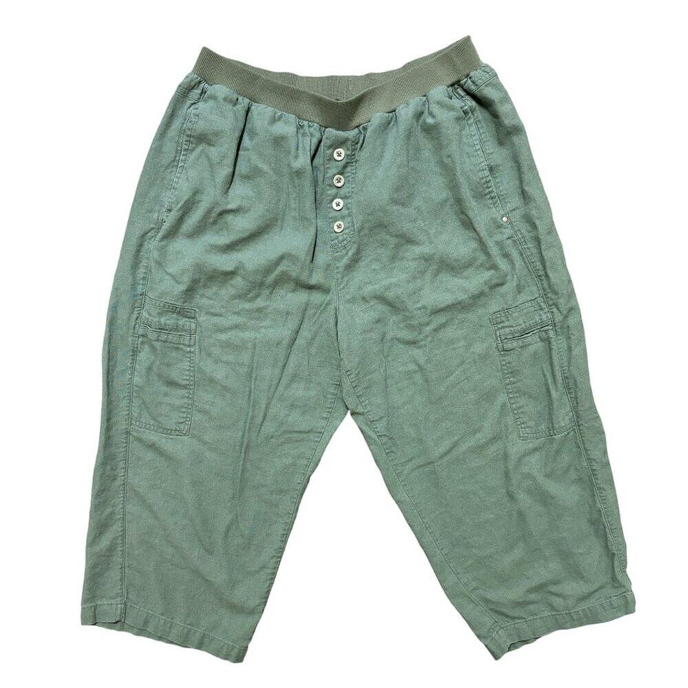 ELLOS Linen Blend Cargo Pocket Pull On Capri Pants in Army Green SZ 14